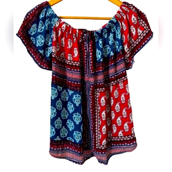 Meraki red & blu ptchwrk off the shldr top SZ M boho peasant farmcore - Picture 3 of 9